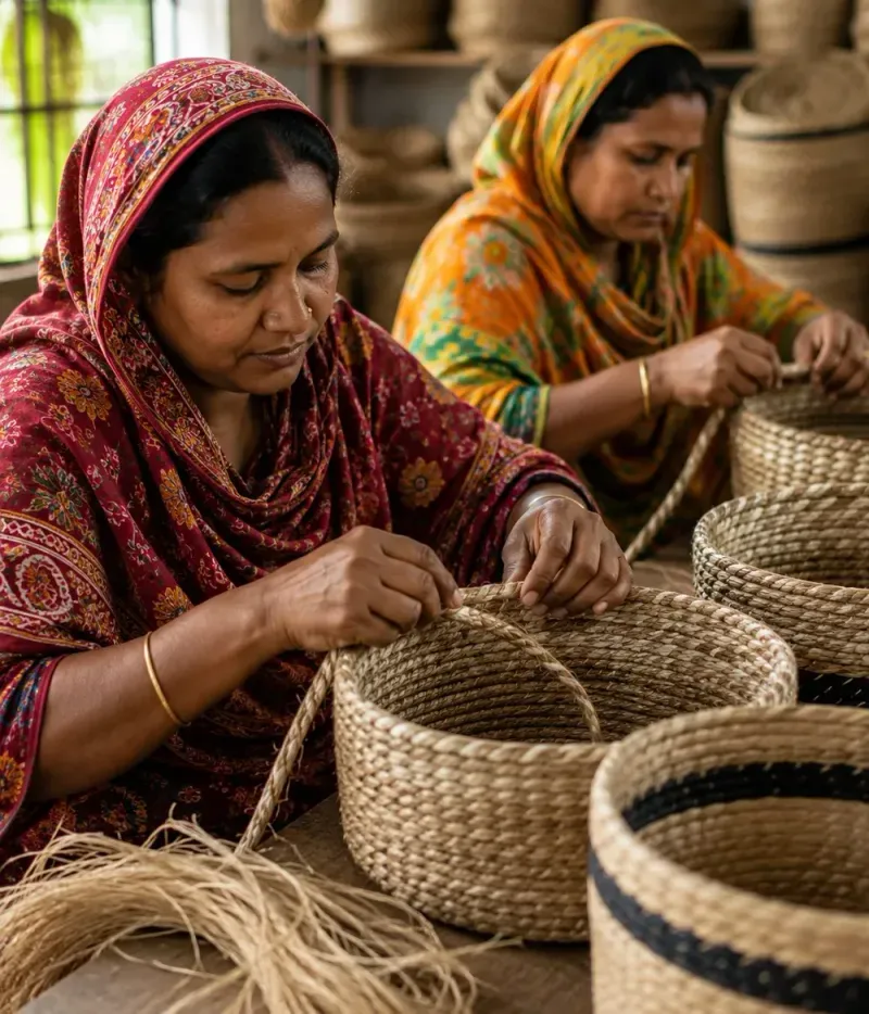 JUTORIA artisans hand-weaving natural fiber baskets in Bangladesh