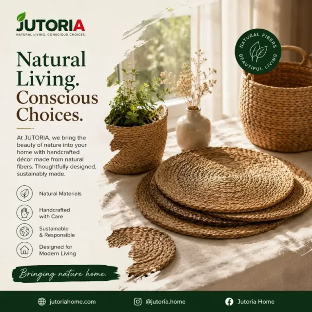 JUTORIA natural fiber home décor styled in a living room
